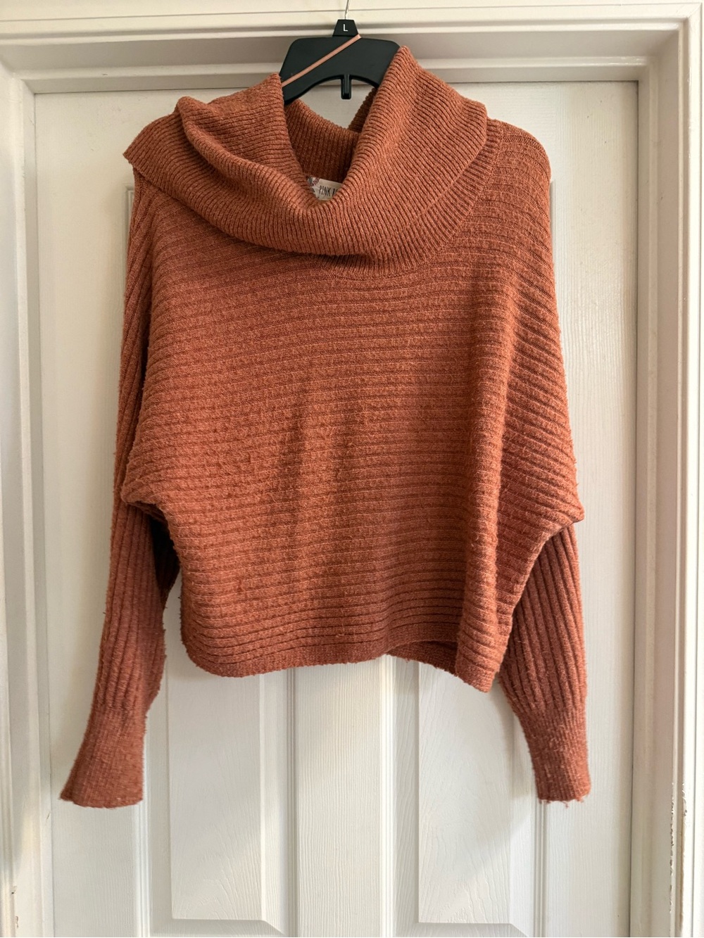 Pink Rose Ribbed Cowl Neck Sweater - Rust Orange